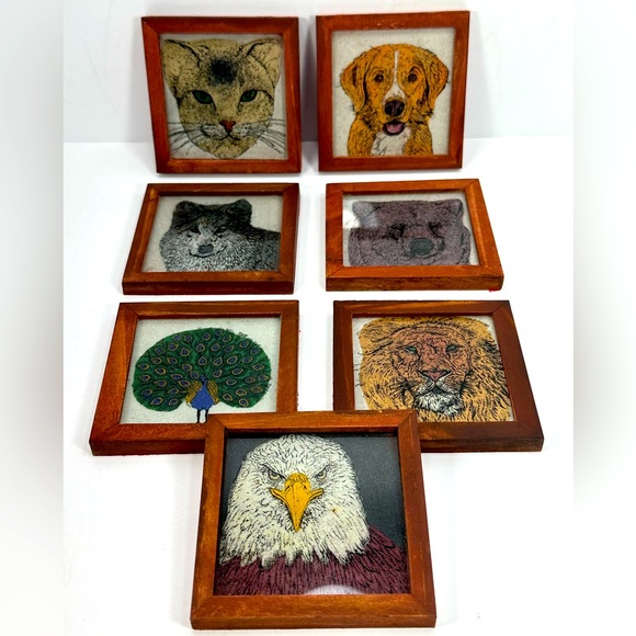 NIB - VERY UNIQUE Gemstone Art Wooden and Glass Coasters - Set of 7 Animals - Picture 1 of 10